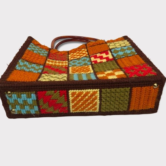 SOLD Vintage 70s Needlepoint Stitch Knit Crochet Granny Squares Tote bag - Picture 4 of 6